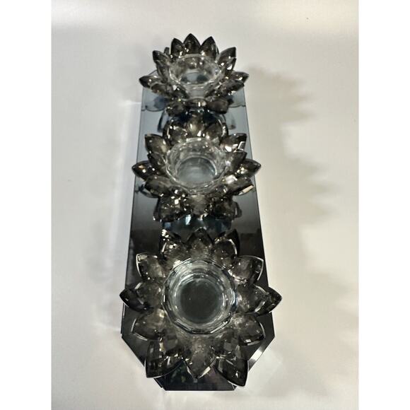 Triple Crystal Candle Holder Gray Mirror Base Lotus Flower Zen Light - No Candle - Picture 6 of 11